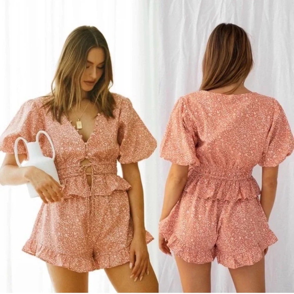 Sabo Skirt Pink Floral Tie-Front Ruffled top and shorts